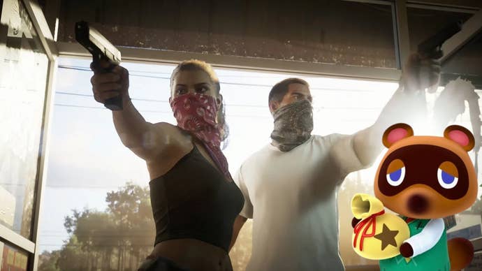 GTA 6 screenshot showing woman and man in bandana pointing pistols, with Animal Crossing’s Tom Nook in the corner holding a bag of money