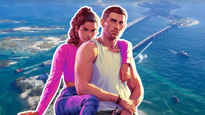 GTA 6 protagonists Lucia and Jason superimposed over an aerial view of the ocean.