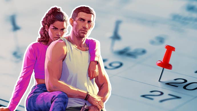 GTA 6 protagonists Lucia and Jason superimposed over a calendar with push pins stuck in different dates.