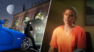 Lucia in GTA 6 next to a GTA Online protagonist standing underneath the moon.