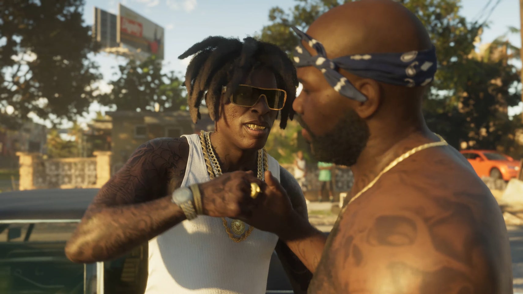 Some characters fist bumping in GTA 6 trailer one. - 1