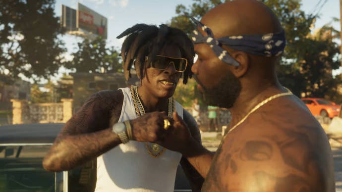 Some characters fist bumping in GTA 6 trailer one.