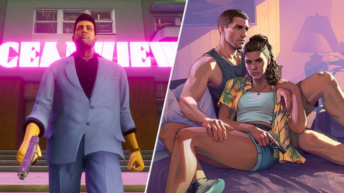 Tommy Vercetti in GTA: Vice City’s definitive edition opposite Lucia and Jason in GTA 6.