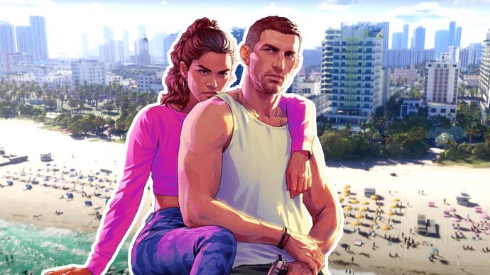 GTA 6 protagonists Lucia and Jason superimposed over GTA 6’s Vice City and its adjacent beach.