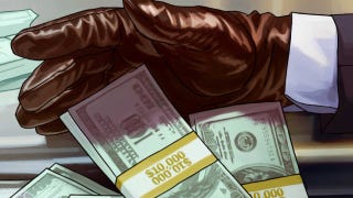GTA+ promotional art showing a leather-gloved hand shoving money into a bag.