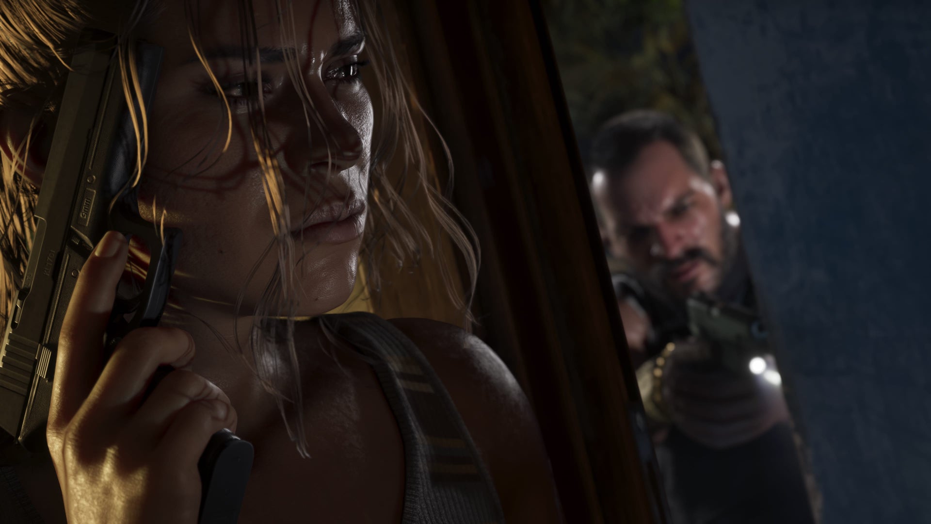 Lucia holding a gun as an armed man looks through a window in GTA 6. - 1