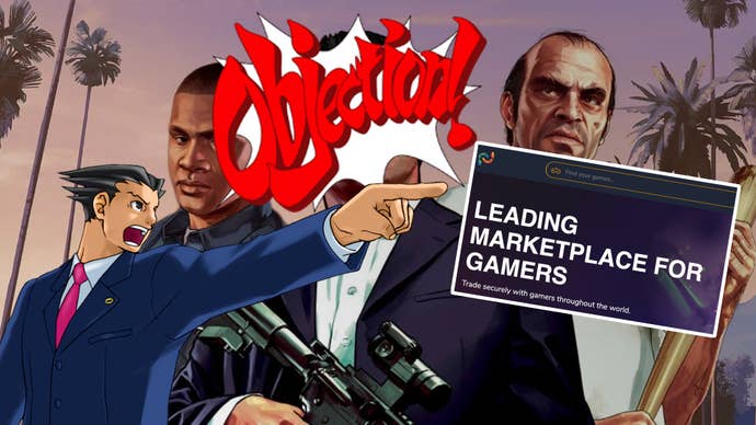 Composite image of Phoenix Wright pointing to the PlayerAuctions website and shouting “Objection!”. Artwork of GTA 5’s Michael, Franklin, and Trevor is visible in the background.