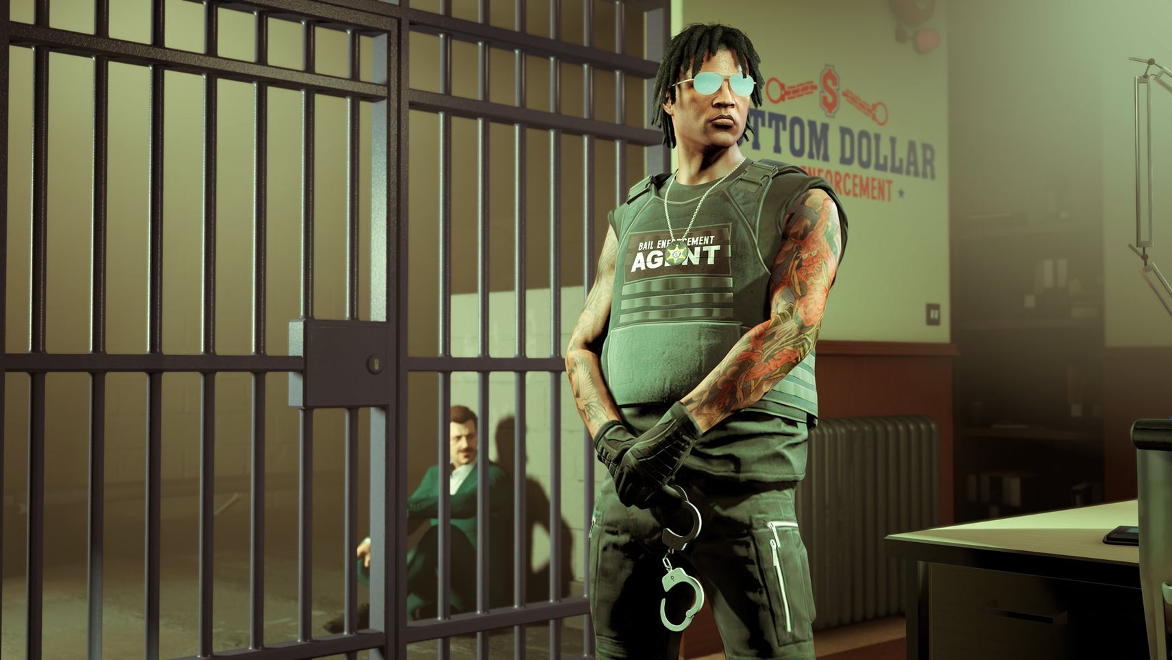 A GTA Online bounty hunter standing in front of a prison cell. - 1
