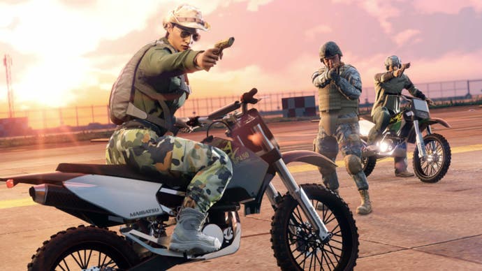 gta online assault on att-16 official release art squad of three holding guns in fort zancudo