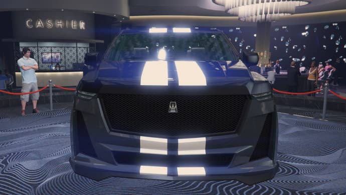 gta online black and white albany cavalcade xl vehicle diamond casino podium front view