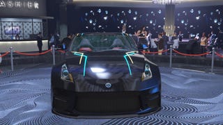 gta online black annis euros with blue and yellow stripe details on diamond casino podium front view