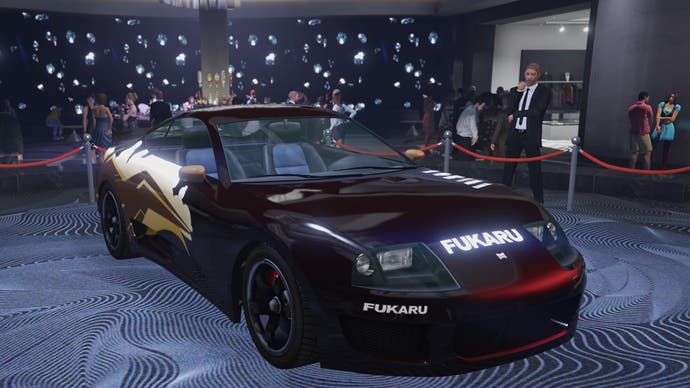gta online dark red dinka jester classic car side view diamond casino podium