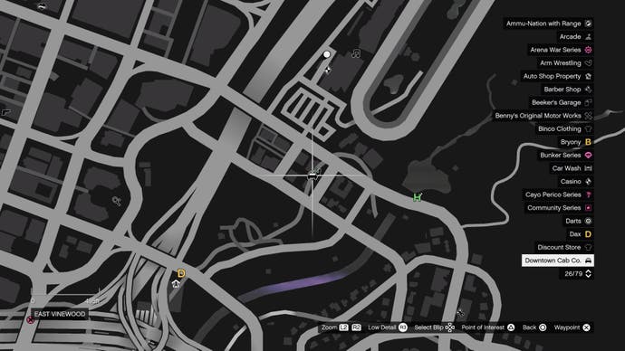 GTA Online, Downtown Cab company icon is marked on a map