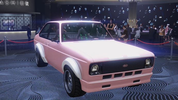 gta online light pink Retinue Mk II car on diamond casino podium side angled view