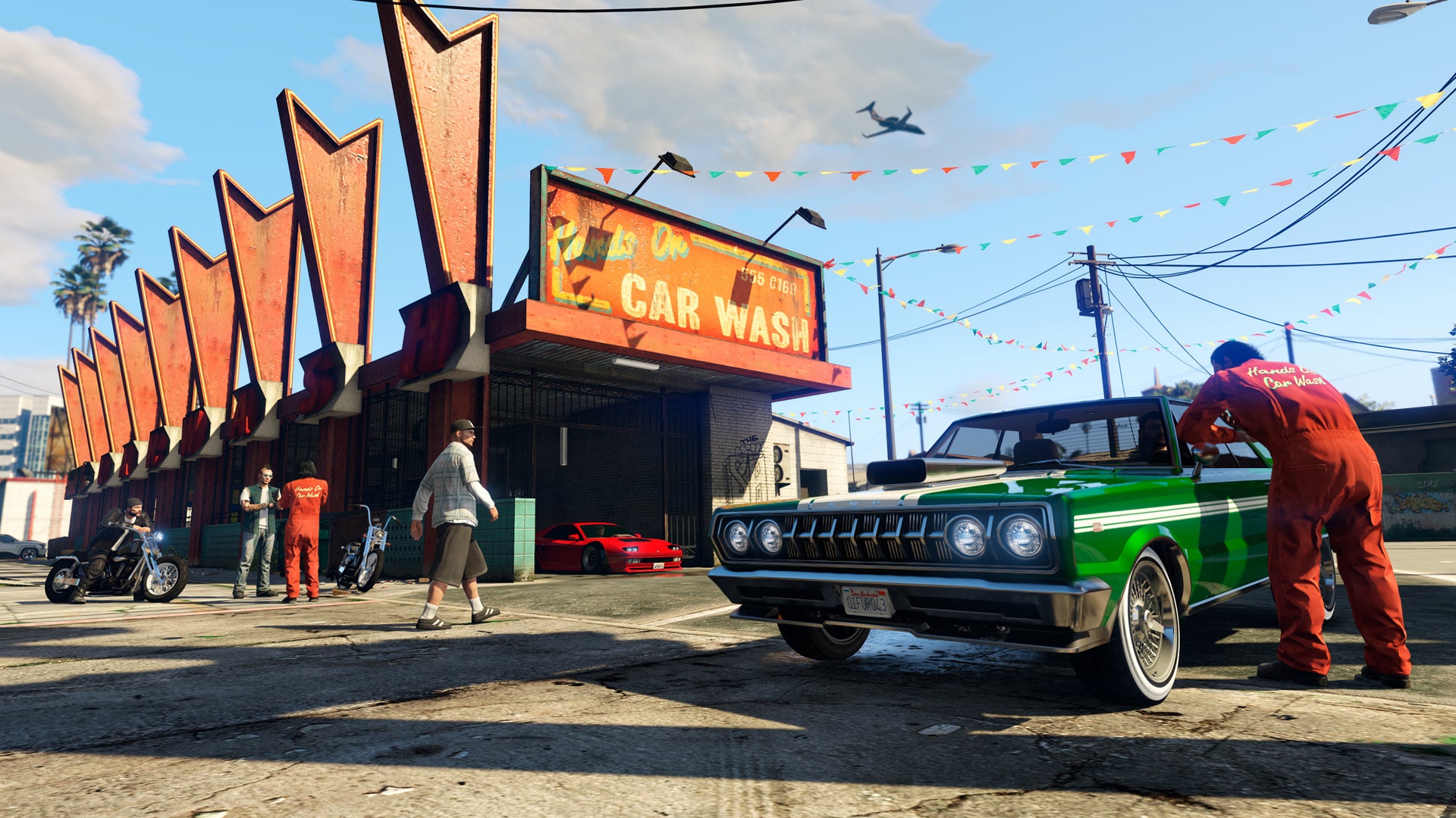 People going about their day and work at a car wash in GTA Online. - 1