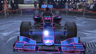 gta online purple and blue Benefactor BR8 vehicle on diamond casino podium front view