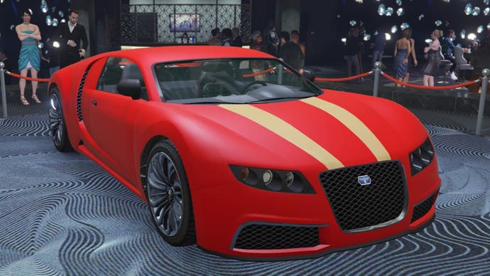 gta online red and gold truffade adder on diamond casino podium side angled view