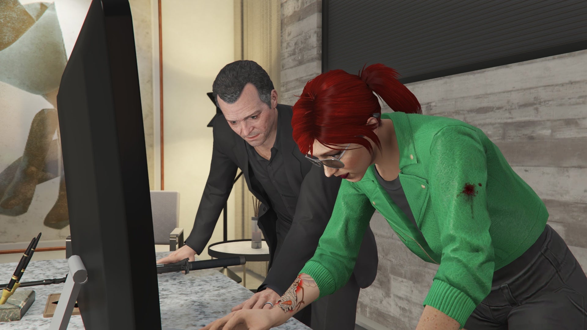How to do new Michael mission in GTA Online 5 gta online red hair player with michael at computer in mansion