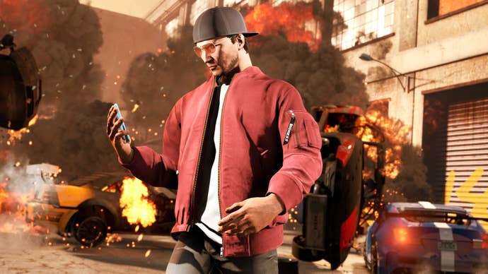 A mercenary checking his phone as he walks away from an explosion in GTA Online