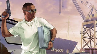 gta online ship theft promo art of character holding a gun in one hand and a briefcase in the other at the docks.