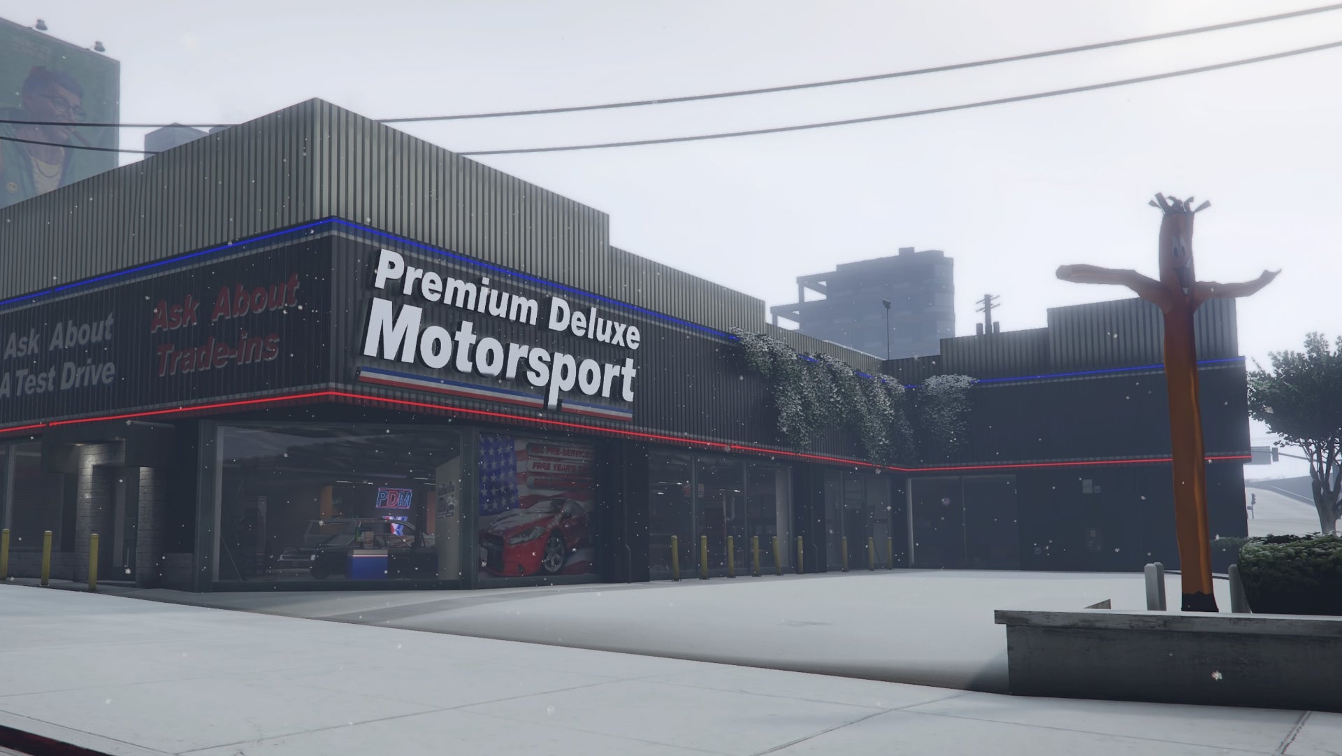 GTA Online, a view of Simeon&rsquo;s Showroom from the road outside.