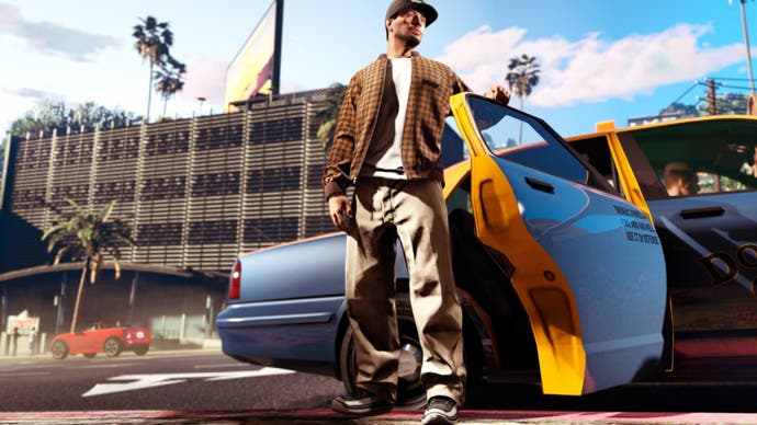 GTA Plus, official Rockstar image of a person standing outside an open door of a Taxi