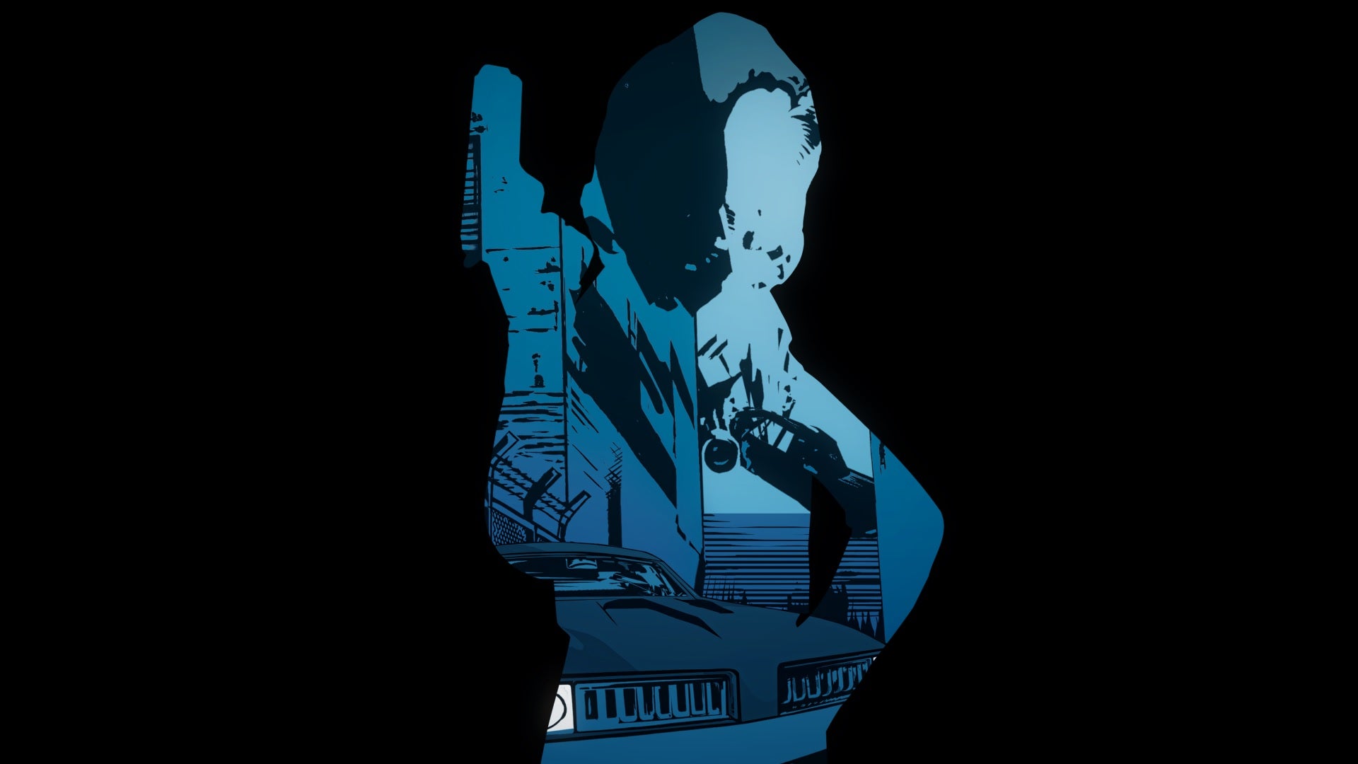 GTA Trilogy Remasters artwork - the silhouette of a woman holding a gun over top of comic-style scene of a car driving through an alleyway