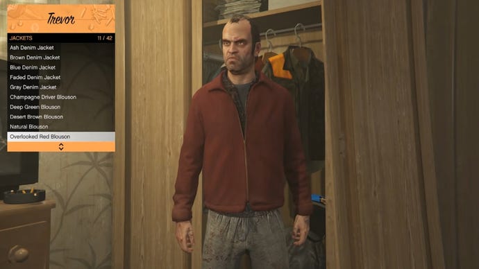 Trevor from GTAV showcasing his “Overlooked” jacket and shirt outfit.