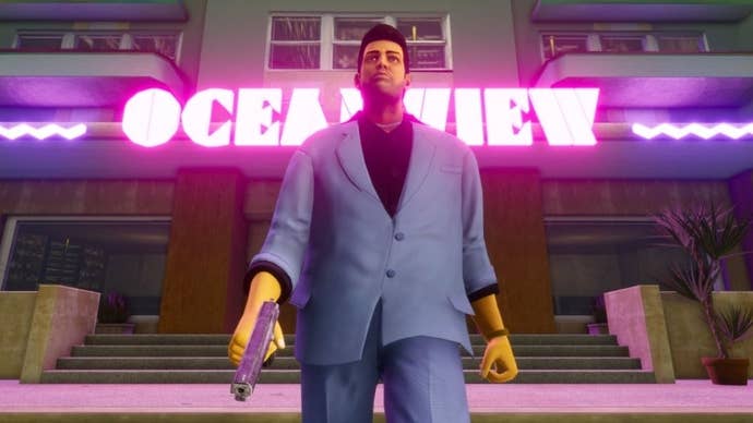 GTA Vice City’s Tommy Vercetti stood outside the Ocean View Hotel holding a handgun