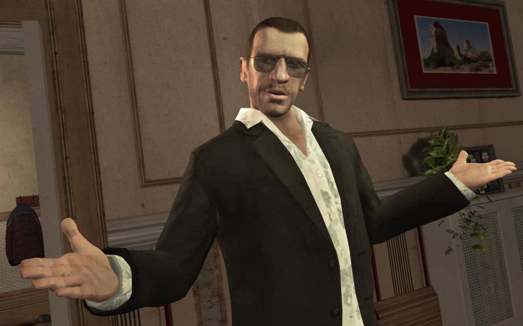 Screenshot from GTA 4 showing a man in a jacket with an open collar white shirt and wearing dark glasses with his arms outstretched