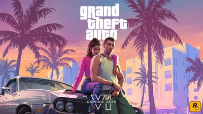 Teaser image for GTA 6 showing a man and a woman sitting on the hood of a car. The image has the logo of the game and says "Coming 2025"