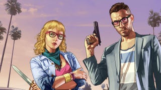 A blonde woman and short-haired man holding a gun pose menacingly in front of a purple skyline dotted with palm trees in this artwork from GTA Online.