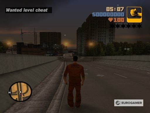 GTA 3 gameplay screen, a wanted level cheat activated notification is in the top left corner of the screen while the main character has their back towards us.