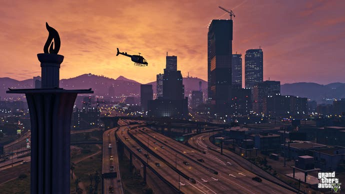 San Andreas skyline with a helicopter flying over.
