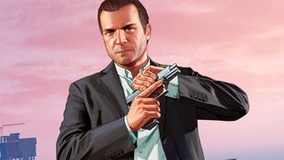 Promo art for GTA 5 showing Michael holding a gun
