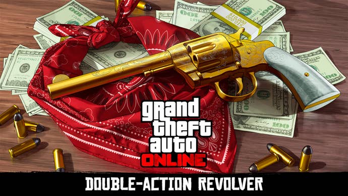 Artwork promoting the golden Double-Action Revolver for GTA Online and Red Dead Redemption 2.