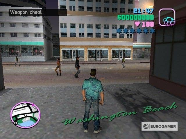 GTA Vice City’s Tommy Vercetti stood in Washington Beach having just activated a weapon cheat