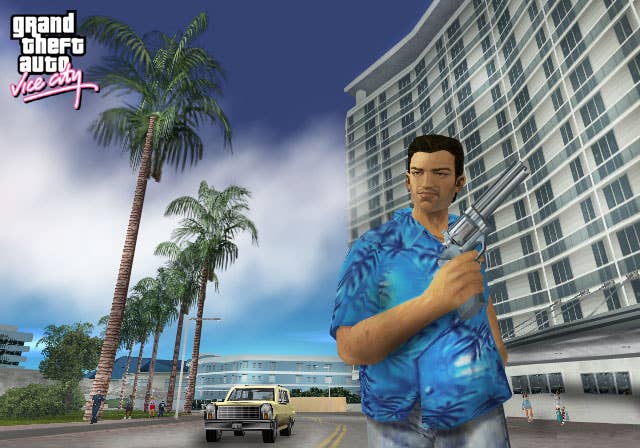 GTA Vice City’s Tommy Vercetti running down the street holding a revolver called the Python