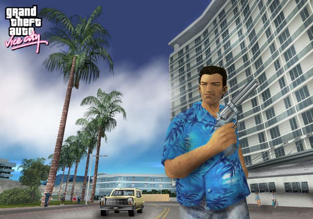 GTA Vice City's Tommy Vercetti running down the street holding a revolver called the Python