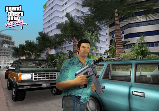 GTA Vice City's Tommy Vercetti running down the street holding a Machine Pistol