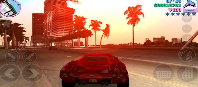 The Infernus sports car being driving during sunset through Vice City
