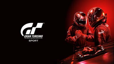 Gran Turismo Sport logo on a black background. The right side of the image features red-tinted key art of two drivers in helmets shaking hands and a race car