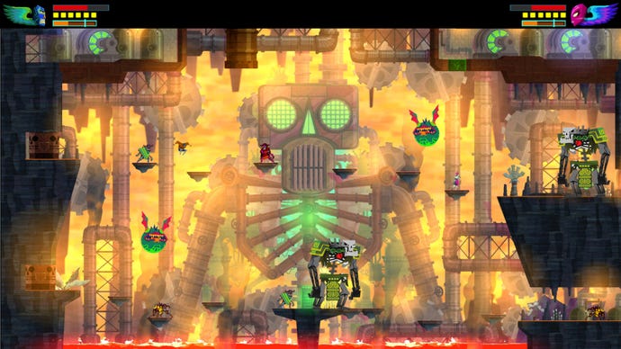 Several enemies stand on platforms above a pool of lava with a large skeleton in the background in Guacamelee