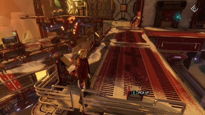 Star-Lord stands on a raised metal walkway next to an outfit box