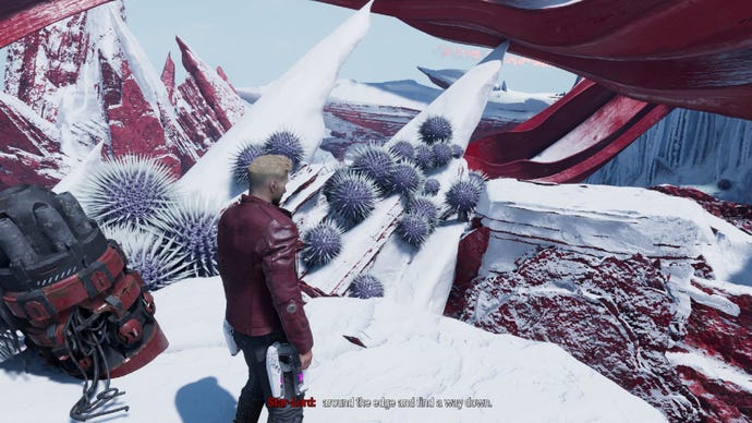 Star-Lord stands in the snow next to some debris