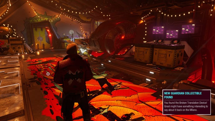 Nikki’s secret hideout in Guardians of the Galaxy, with pop up in lower right corner showing that player has found a hidden collectible