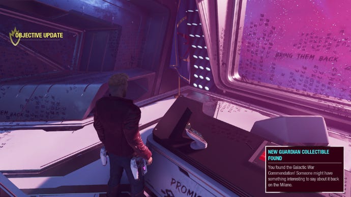 Star-Lord stood by Ko’Rel’s desk, flag is in corner with Commendation Star on the ground. Writing is scrawled on window and other surfaces