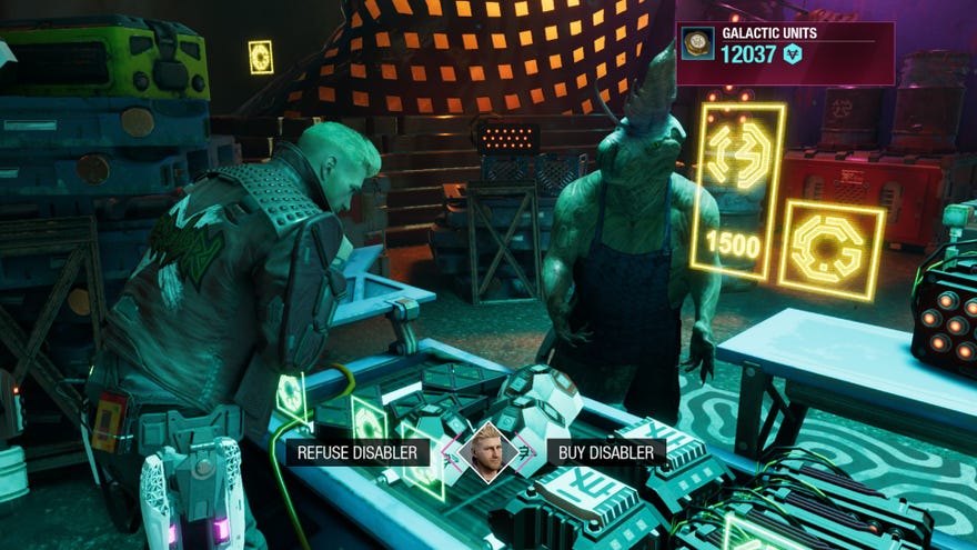 Star-Lord at merchant stall deciding whether to buy a disabler
