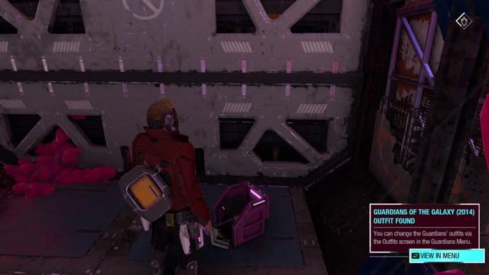 Star-Lord standing next to an outfit box with pop up message about Rocket’s movie outfit in Guardians Of The Galaxy