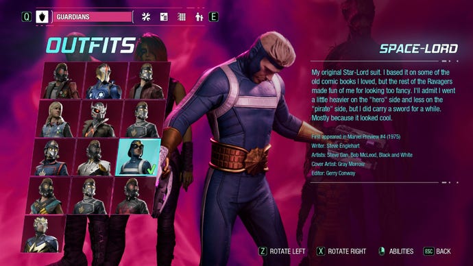 Star-Lord in outfit select menu wearing Space Lord outfit